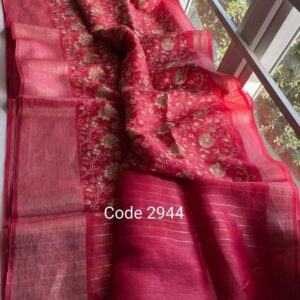 Silk linen embroidery designer saree code aquib